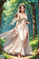 A woman in a wedding dress walking through a forest.