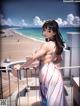 A woman in a white dress standing on a balcony overlooking the beach.