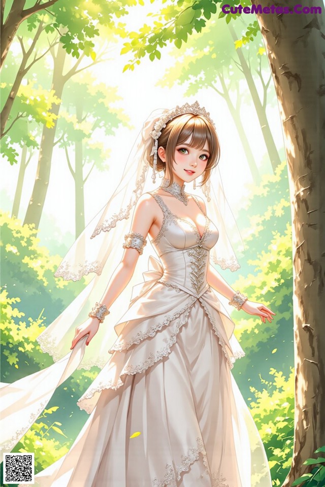 A woman in a wedding dress standing in the woods.