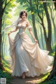 A woman in a wedding dress walking through a forest.