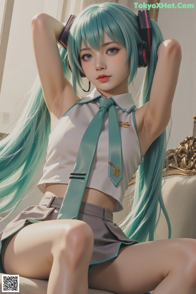 A woman with long blue hair sitting on a couch.