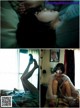 A collage of photos of a woman laying on a bed.