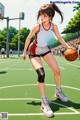 A woman in a basketball uniform holding a basketball on a court.