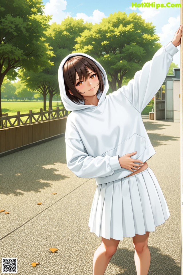 A woman in a white hoodie leaning against a wall.