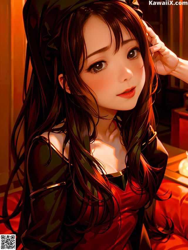 A girl with long black hair wearing a red dress.